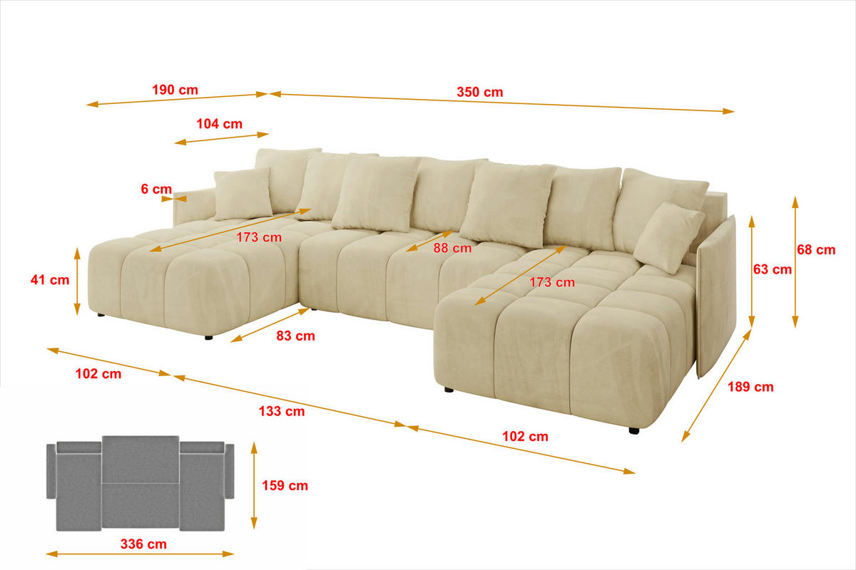 WOHNLANDSCHAFT LONLI-U 355x189x68 Beige Velours - Taupe, Holzwerkstoff/Kunststoff (350/68/190cm) - ALTDECOR