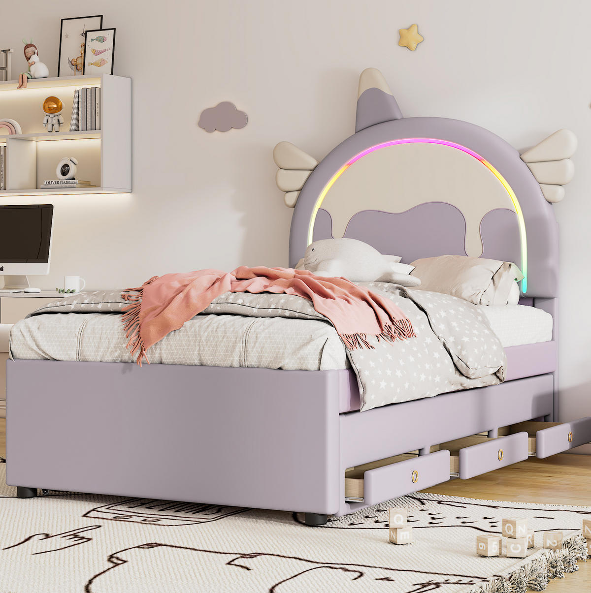 KINDERBETT 90/200 cm Violett aus PU mit Einhornform und Ausziehbett - Lila, Kunststoff (90/200cm) - OKMYHOME