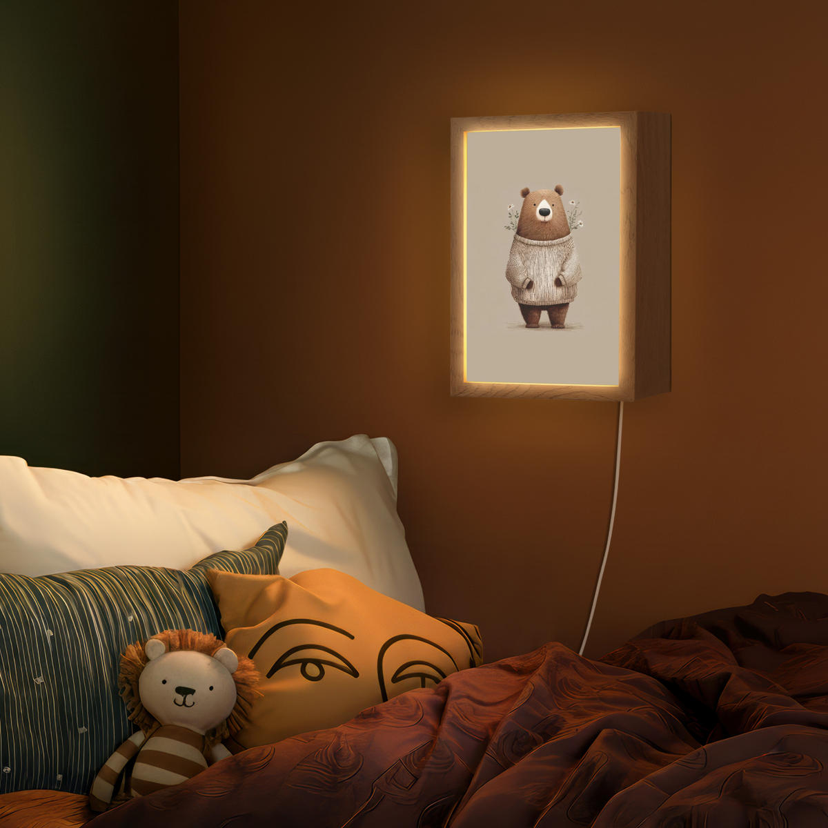 NÁSTĚNNÁ LAMPA Medvěd - Bílé květy - Cosy 20x30 cm - šedohnědá, kompozitní dřevo (20/30/8cm) - OnlyWow