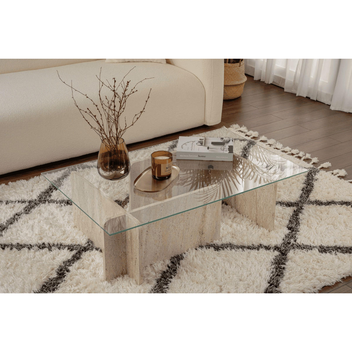 COUCHTISCH mit Tischplatte aus gehärtetem Glas 105/65/30 cm - Beige, Holzwerkstoff (110/65/30cm) - Calicosy