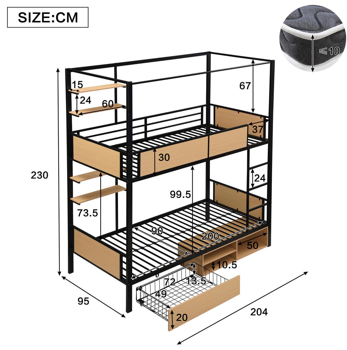 ETAGENBETT 90/200 cm schwarz und natur aus Metall mit Stauraum - Schwarz, Holzwerkstoff (90/200cm) - OKWISH