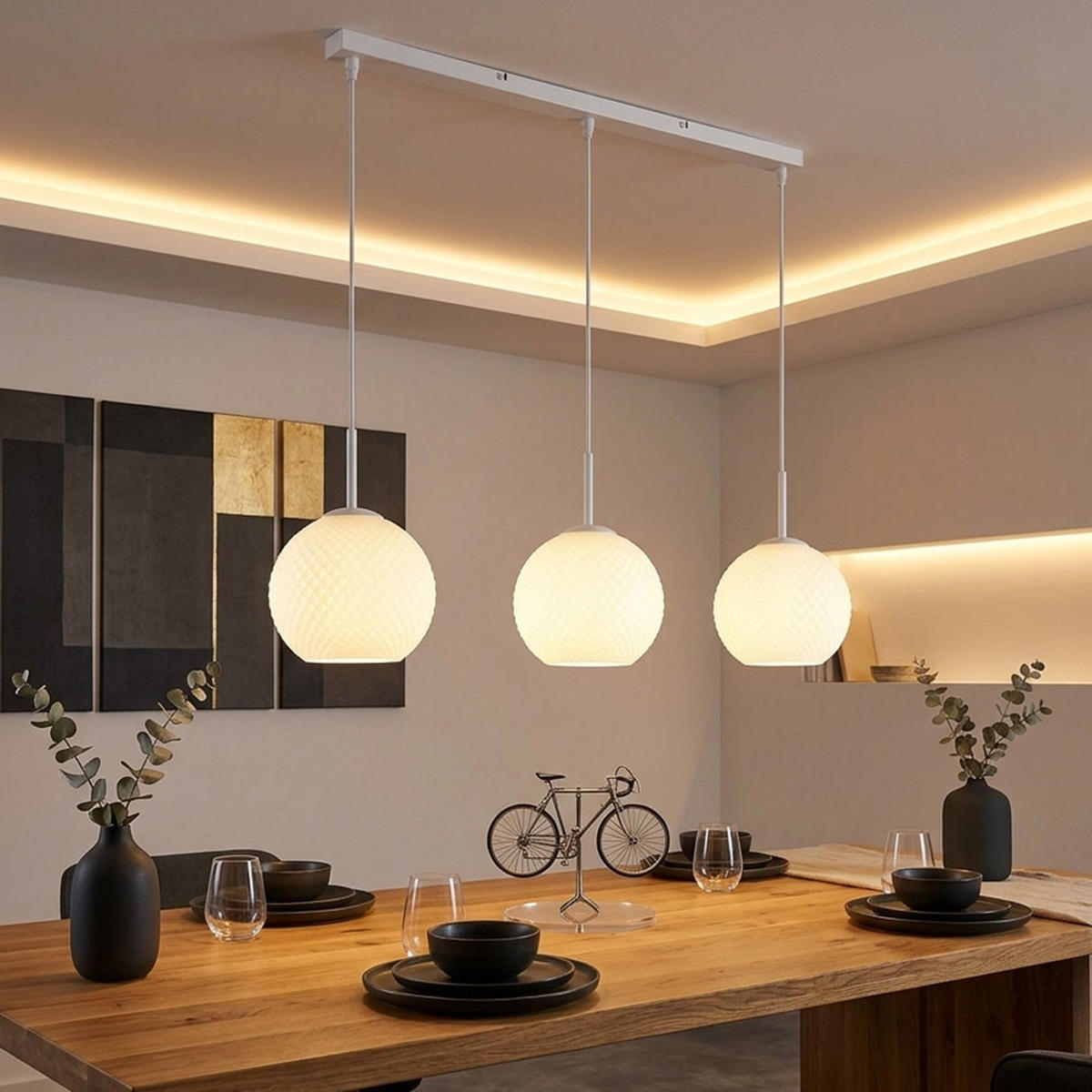 HÄNGELEUCHTE ANDRE Metall Glas weiß matt, 3x E27 - Weiß, Glas (90/20/120cm) - Globo Lighting