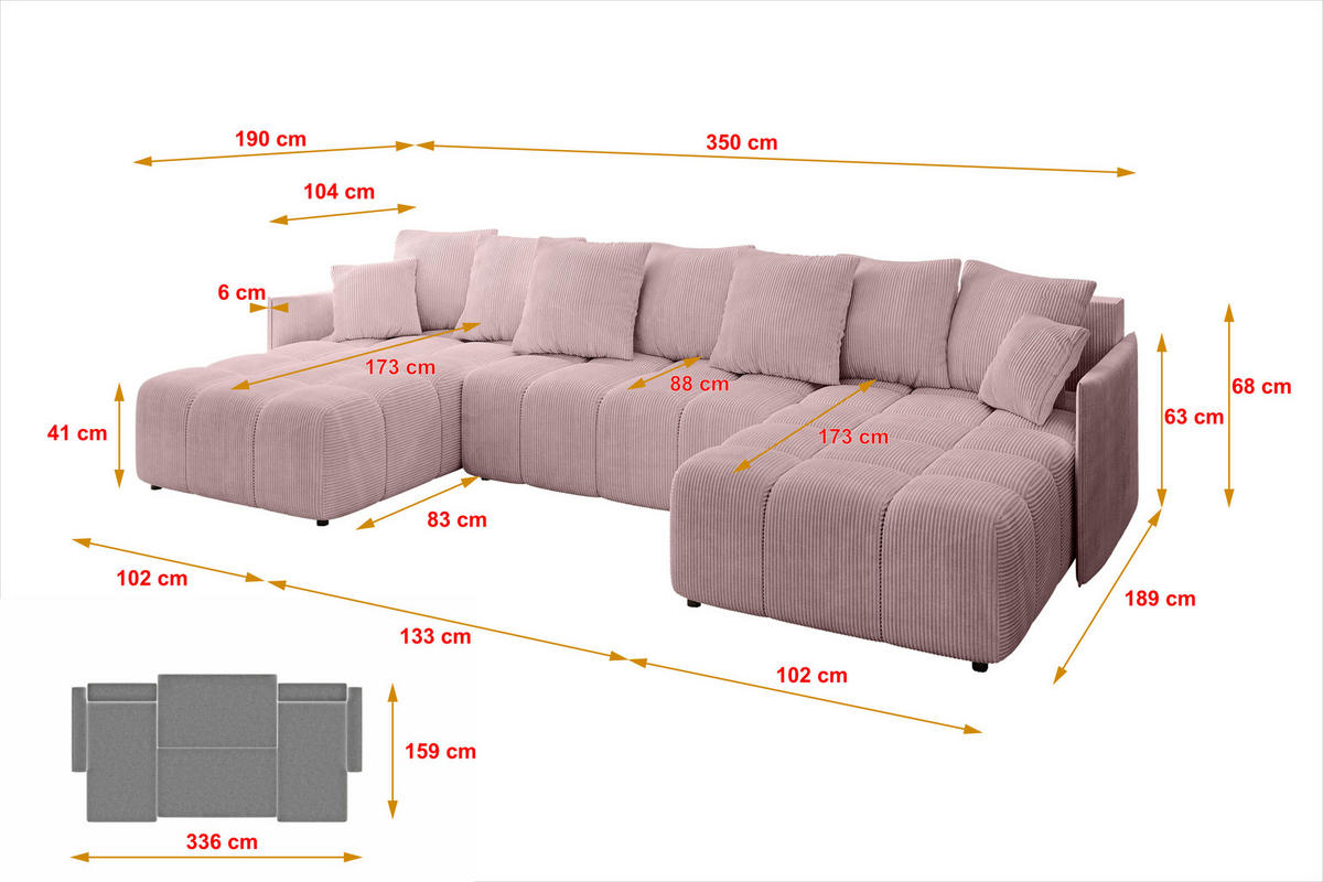 WOHNLANDSCHAFT LONLI-U 355x189x68 Rosa Cord - Rosa, Holzwerkstoff/Kunststoff (350/68/190cm) - ALTDECOR