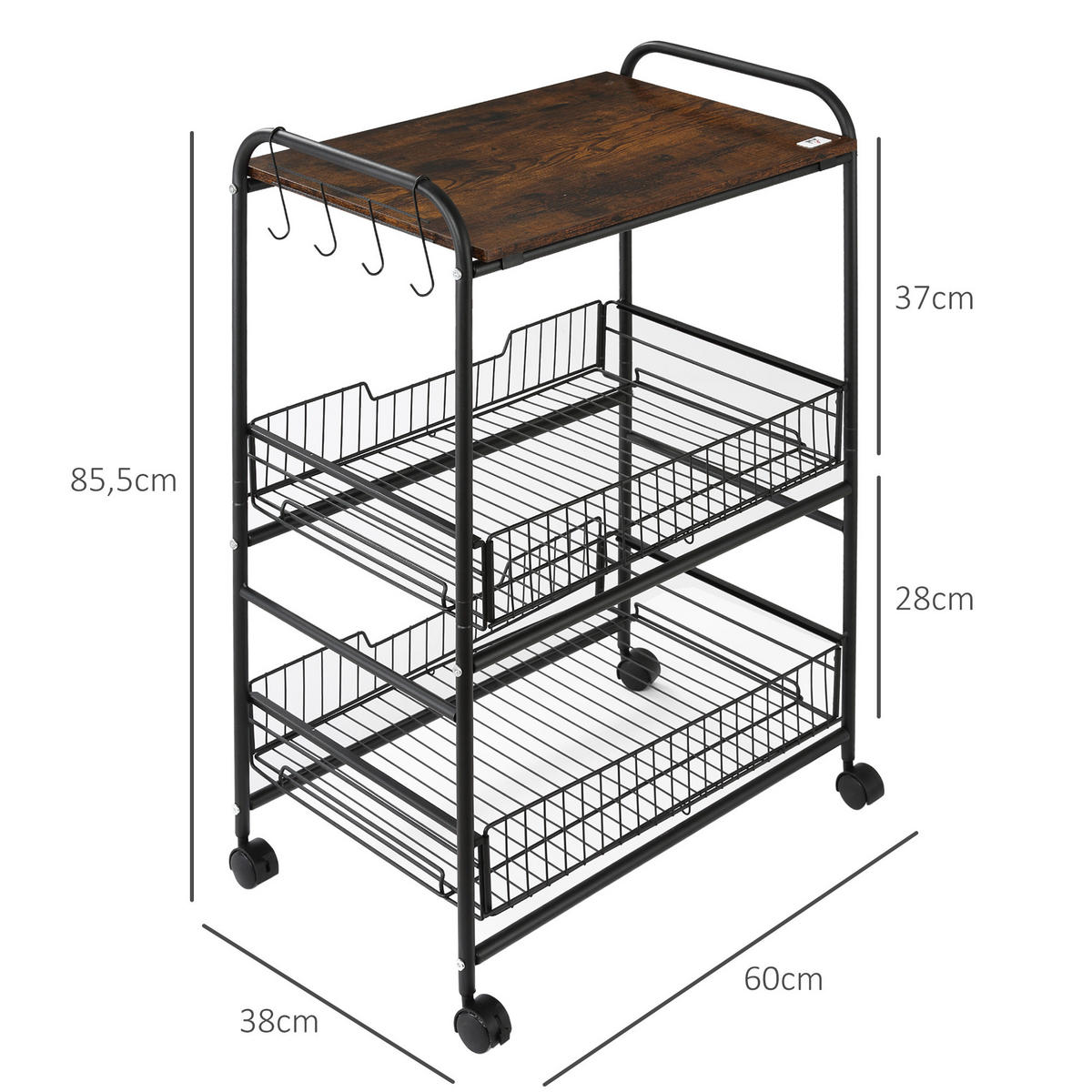 KÜCHENWAGEN, 3-stöckiger Wagen 60 x 38 x 85,5 cm, Rustikal Braun - Multicolor, Metall (60/85.5/38cm) - FORIOUS
