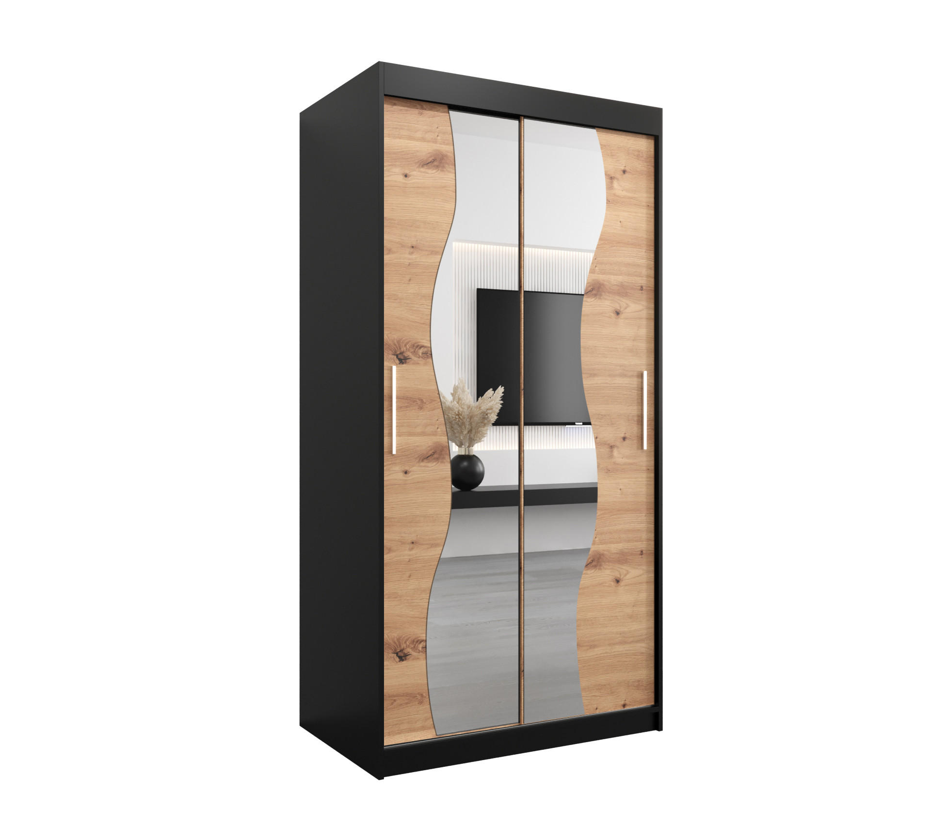 Möbel Kryspol Schwebetürenschrank Schwarz, Eiche Artisan 100x200x62 cm
