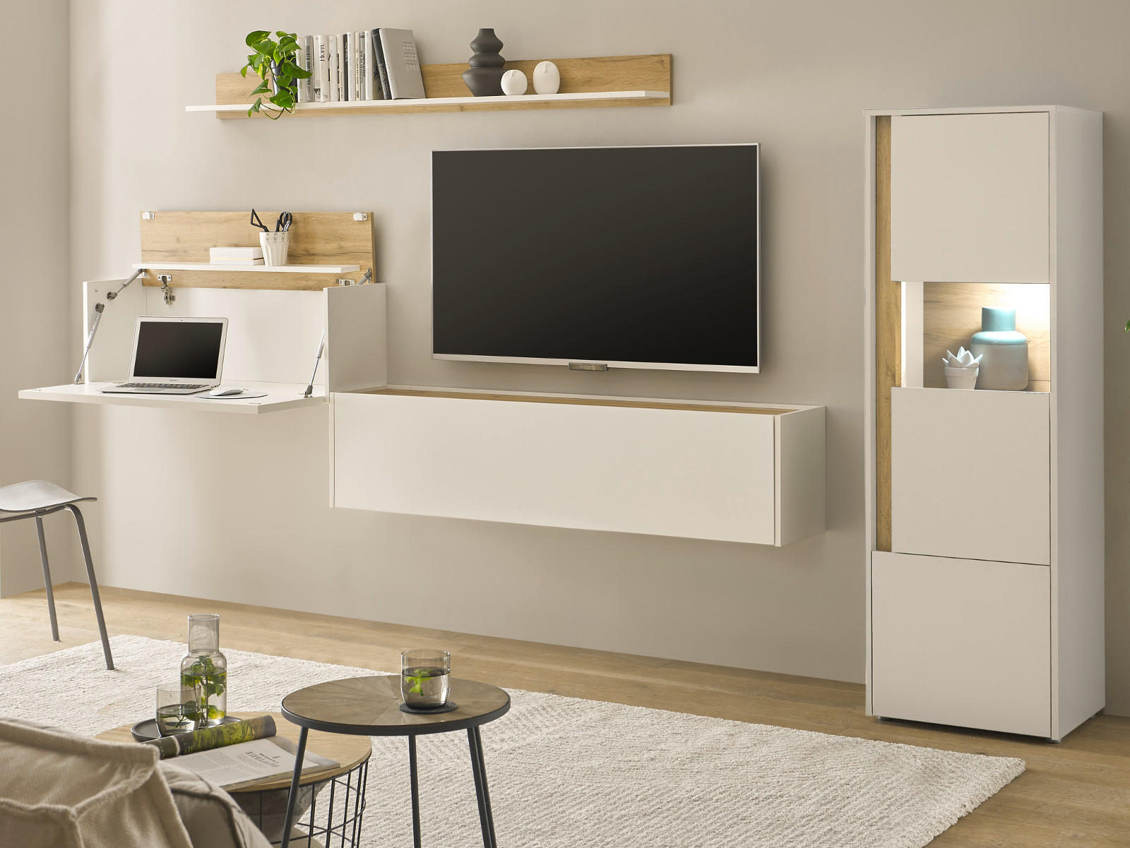 WOHNWAND weiß, Eiche Wotan 4-teilig 320 cm, Schrankwand mit Sekretär - Eiche Wotan/Schwarz, Glas/Holzwerkstoff (320/170/40cm) - Furn.Design
