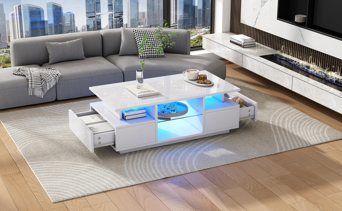COUCHTISCH aus Spanplatte 100x50x36 cm in Weiß mit LED & 2 Schubladen - Weiß, Holzwerkstoff (100/50/36cm) - Modfu