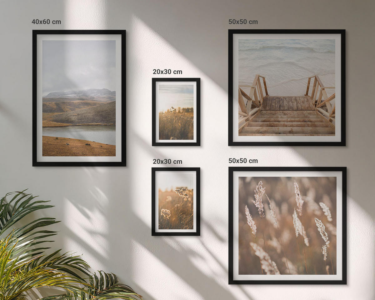 BILDER SET 5er Set - 50x50 cm & 20x30 cm & 40x60 cm Schwarzer Rahmen - Landschaften Wiesen Berge See - Schwarz, Kunststoff (40/60cm) - TULUP