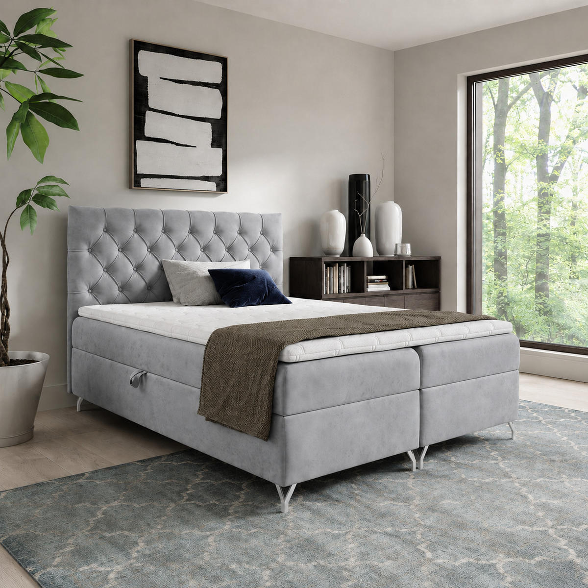BOXBETT mit Stauraum und Topper Stahlgrau 120x200 cm - Grau, Textil (120/200cm) - Home Collective