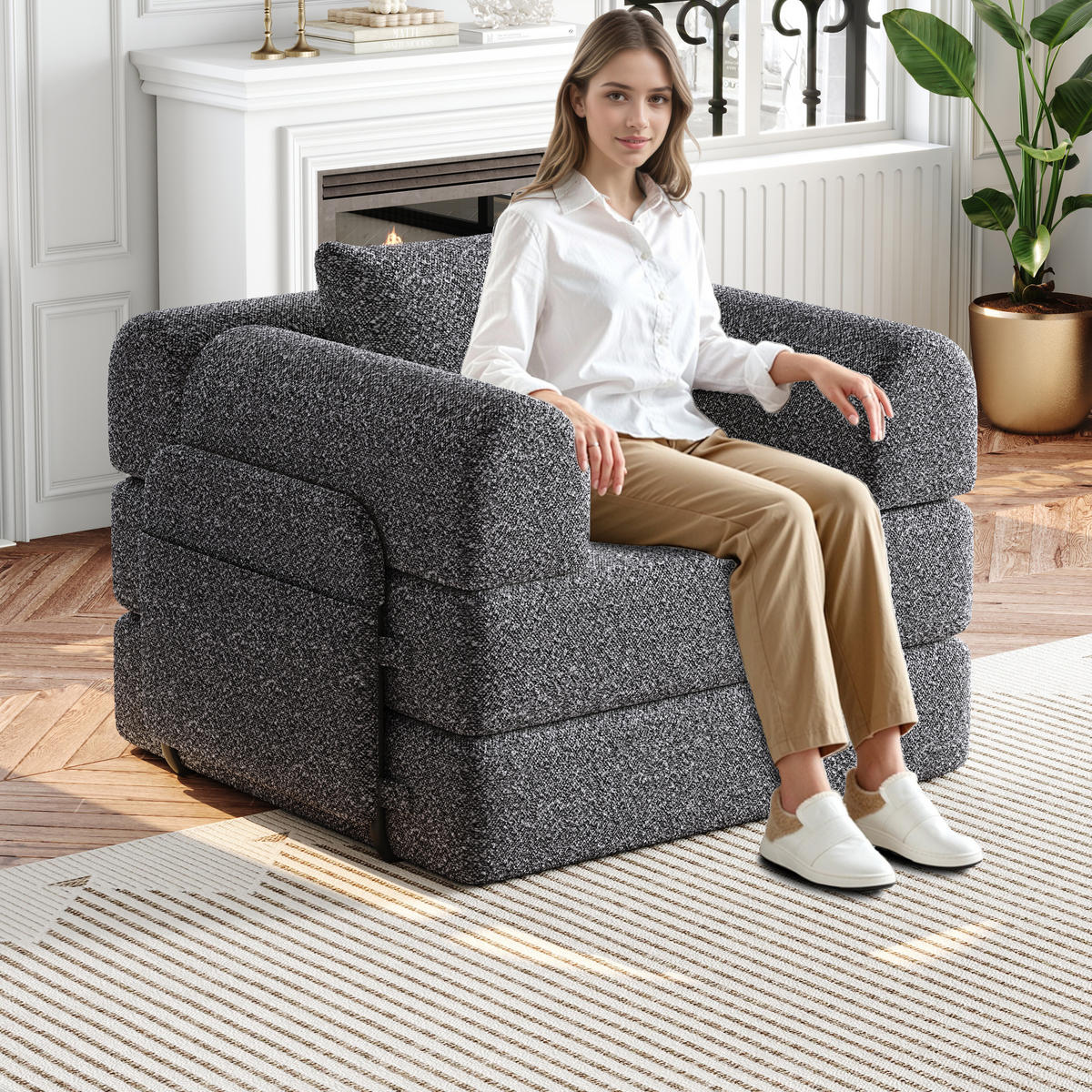 SCHLAFSOFA 2-in-1 mit Armlehnen-Ablagefach und Stahlrahmen grau Chenille 200/90/85 cm - Grau, Textil (94/49.5/94cm) - OKWISH