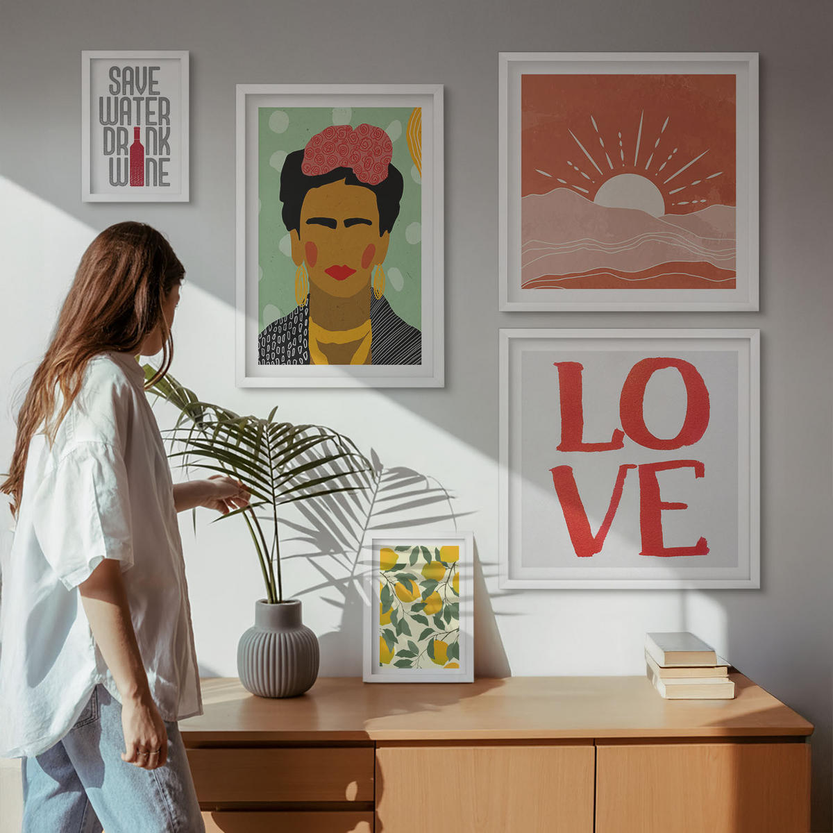 BILDER SET 5er Set - 50x50 cm & 20x30 cm & 40x60 cm Weißer Rahmen - Zitronen Inschrift Liebeslandschaft Frida - Weiß, Kunststoff (40/60cm) - TULUP