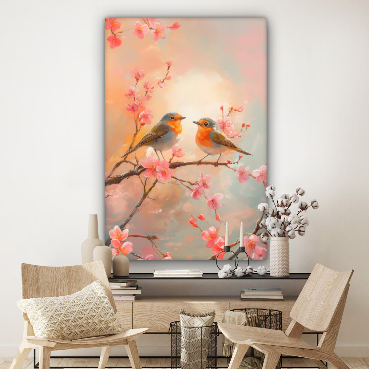 OBRAZ NA PLÁTNĚ Robins - Ornamental - Blossom branch 90x140 cm - světle růžová, textil (90/140cm) - MuchoWow