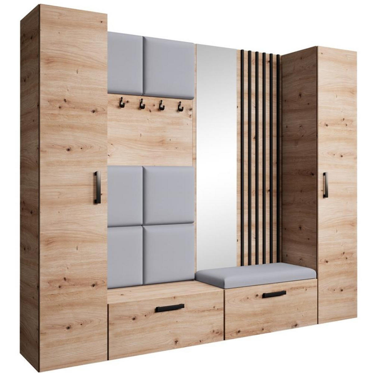 GARDEROBE Margaret XL 242/203/43 mit gepolsterten Paneelen/Lamellen/Spiegel - Schwarz/Eiche Artisan, Holzwerkstoff/Kunststoff (242/203/43cm) - Beautysofa
