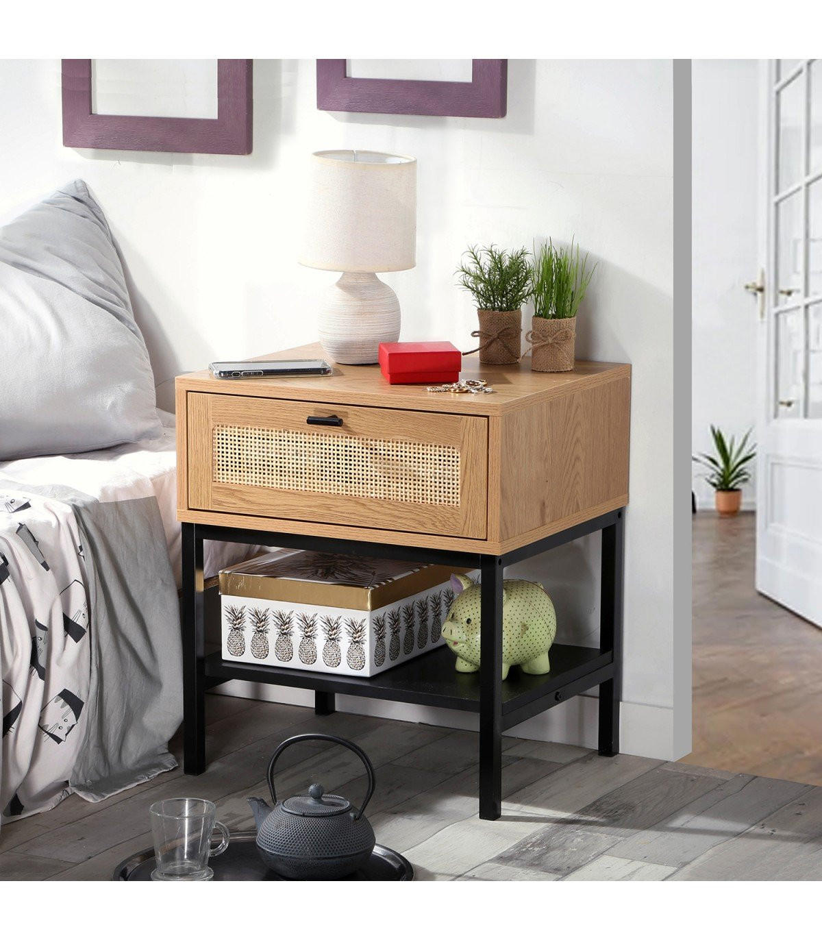 NACHTTISCH mit Rattanfront, Schublade und einem Regal H50 cm - JAYA - Apfelbaumfarben, Holzwerkstoff (35/50/45cm) - Calicosy