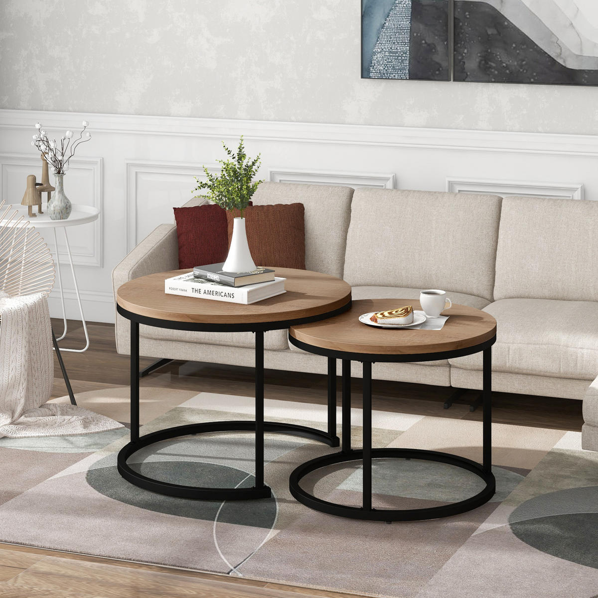 2ER Set runde Couchtische, groß & klein, MDF in Eichefarben, Metallrahmen, 50/70,5 + 45,5/44 cm,Eichefarben - Eichefarben, Holzwerkstoff (70.5/70.5/50cm) - Redom