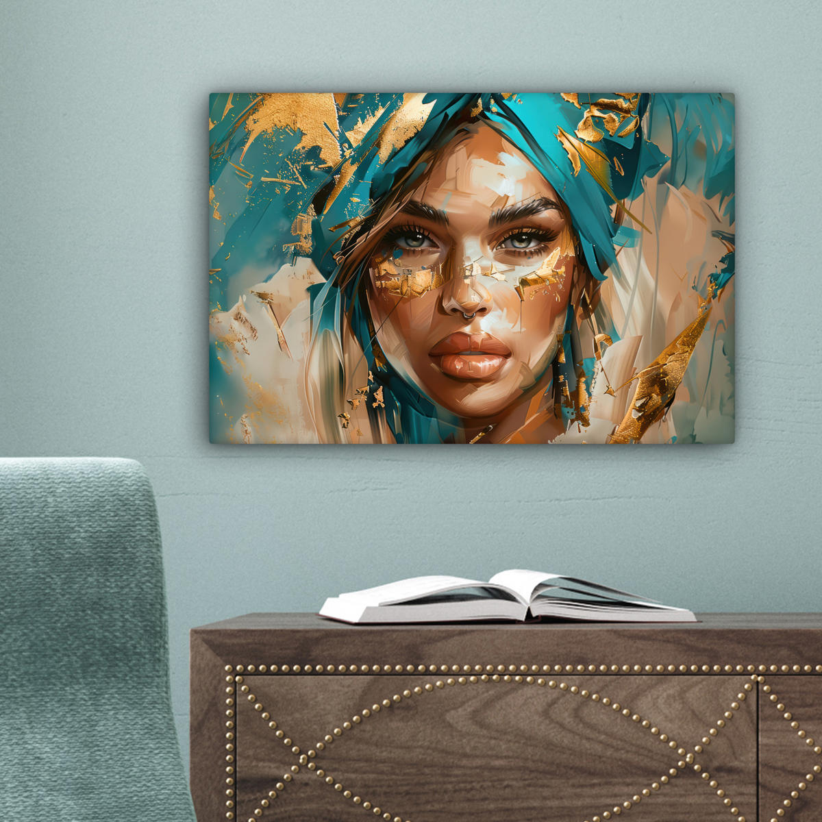 LEINWANDBILD - Frau - Porträt - Gold - Luxus - Blau - 30x20 - Deko XXL - Türkis, Textil (30/20cm) - MuchoWow