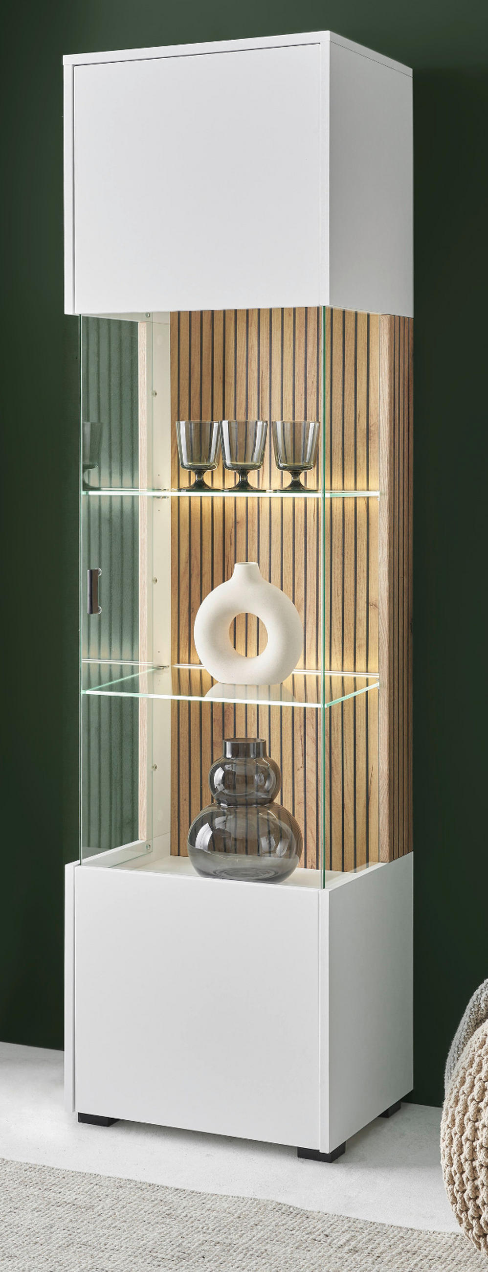 VITRINE weiß matt, Eiche 48 x 180 cm, Glasvitrine mit 5 Fächern und Soft-Close - Eichefarben/Schwarz, Glas/Holzwerkstoff (48/180/38cm) - Furn.Design