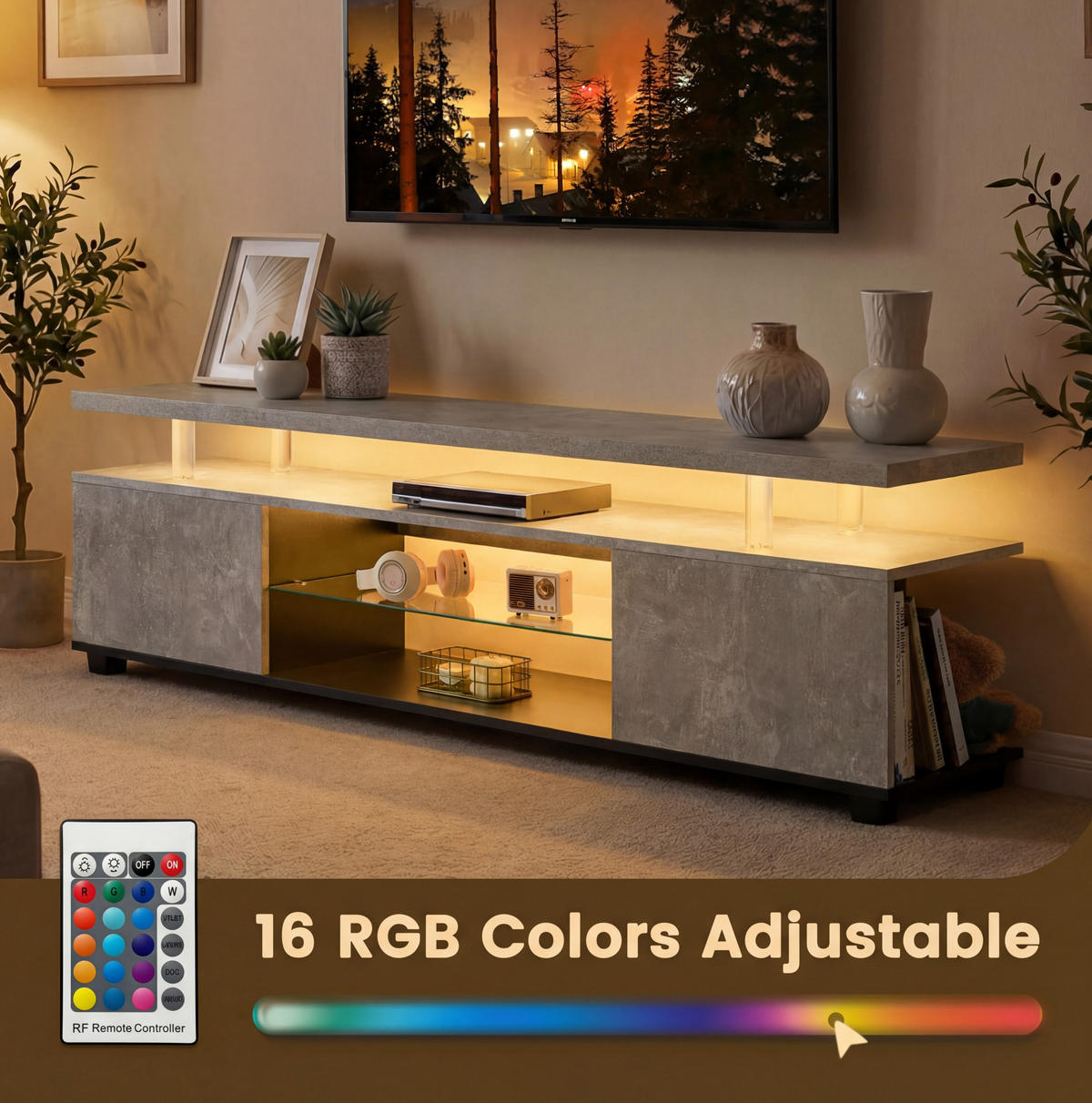 TV-LOWBOARD mit LED-Beleuchtung, 3 Schrankfächern und offenem Ablagefach, Grau/Schwarz - Schwarz, Holzwerkstoff (130/48/40cm) - Redom