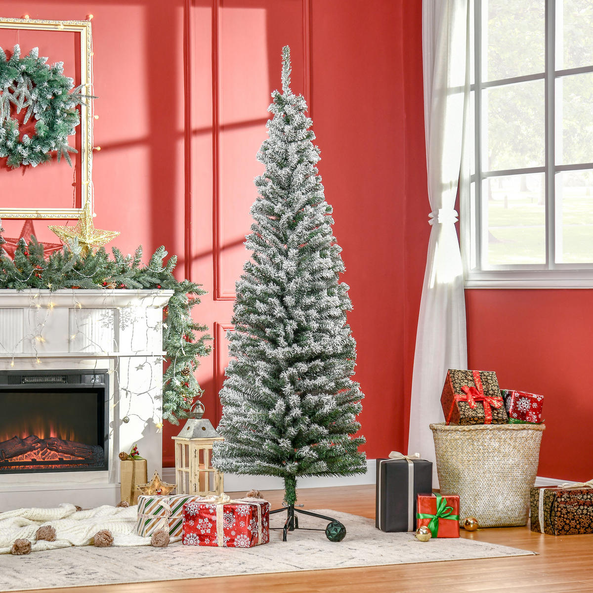 WEIHNACHTSBAUM DE-41546 Bleistift-Kiefernbaum 180 cm, Schnee, 492 Spitzen - Grün, Kunststoff (180cm) - ComfortXL