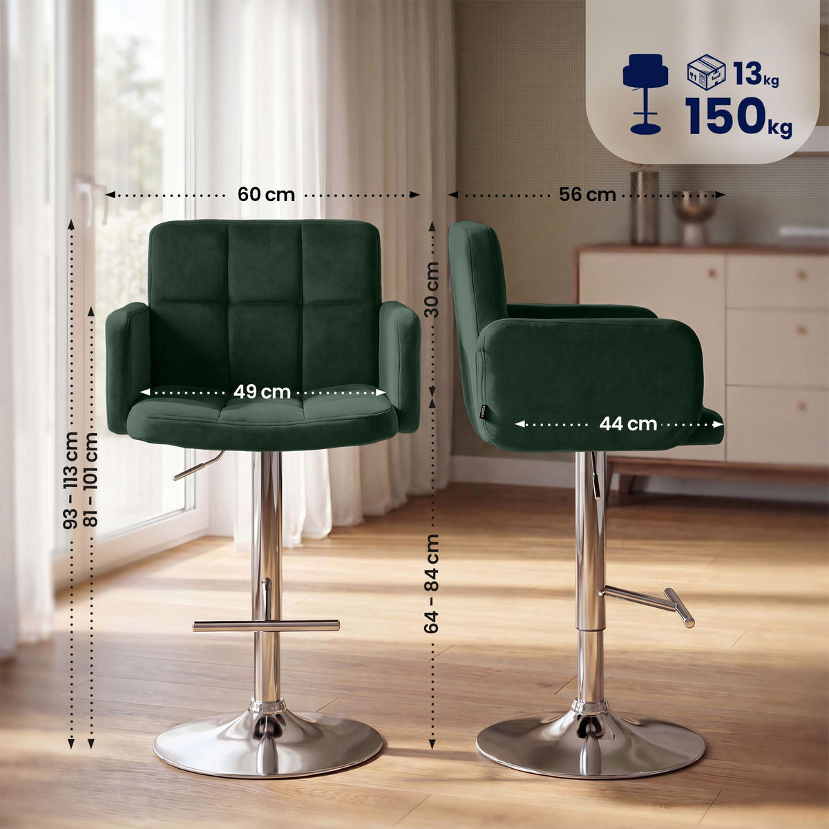 BARHOCKER 2 Samt Dunkelgrün - Chromfarben/Dunkelgrün, Textil/Metall (60/93/56cm) - CLP