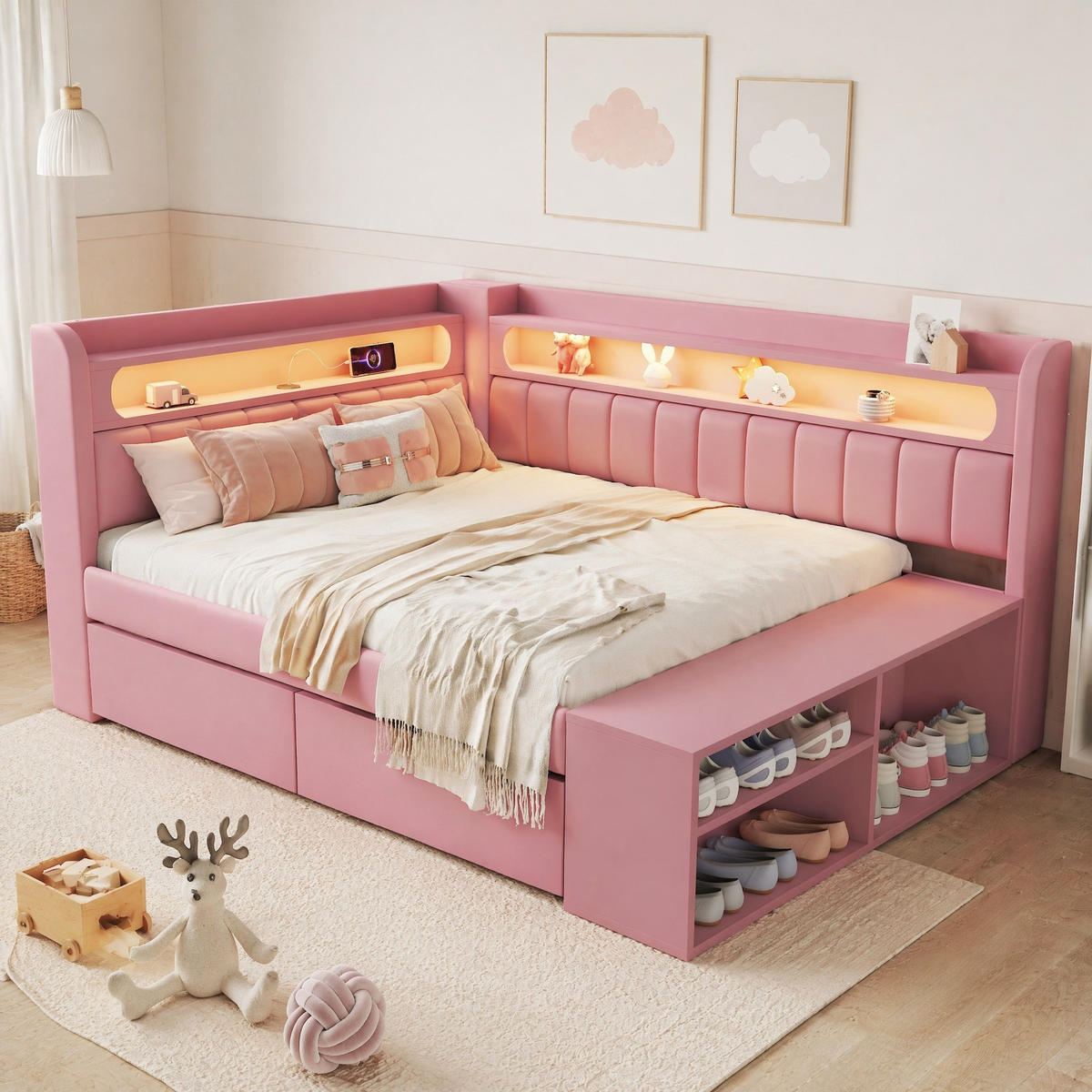 JUGENDBETT 90/200 mit LED, USB, 2 Schubladen und Schuhschrank in Rosa - Rosa, Holzwerkstoff/Textil (90/200cm) - EVRYAE