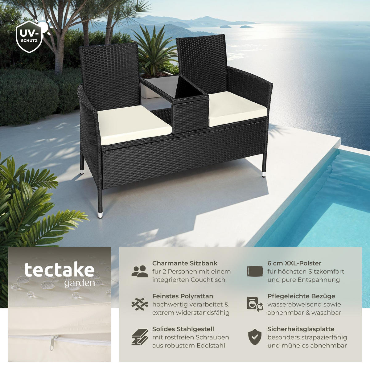 RATTAN GARTENSITZBANK Narbonne,131 x 59 x 82 cm,schwarz/beige - Beige/Schwarz, Kunststoff (61/82/131cm) - tectake