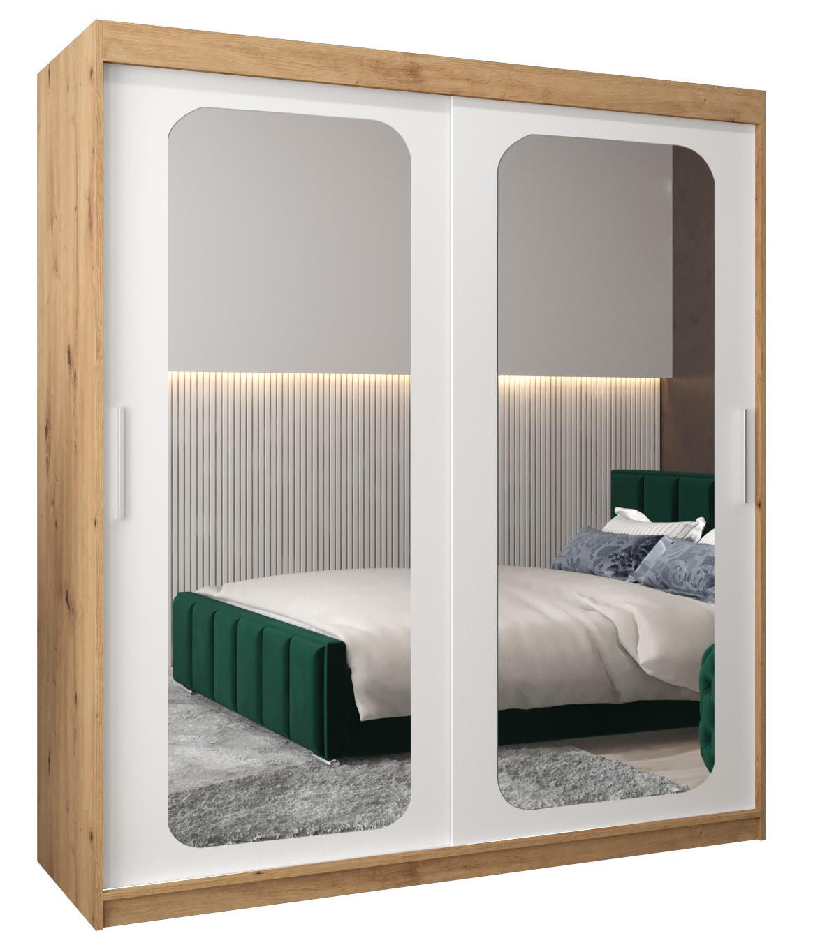 Abiks Möbel Schwebetürenschrank Eiche Artisan, Weiß 180x200x62 cm