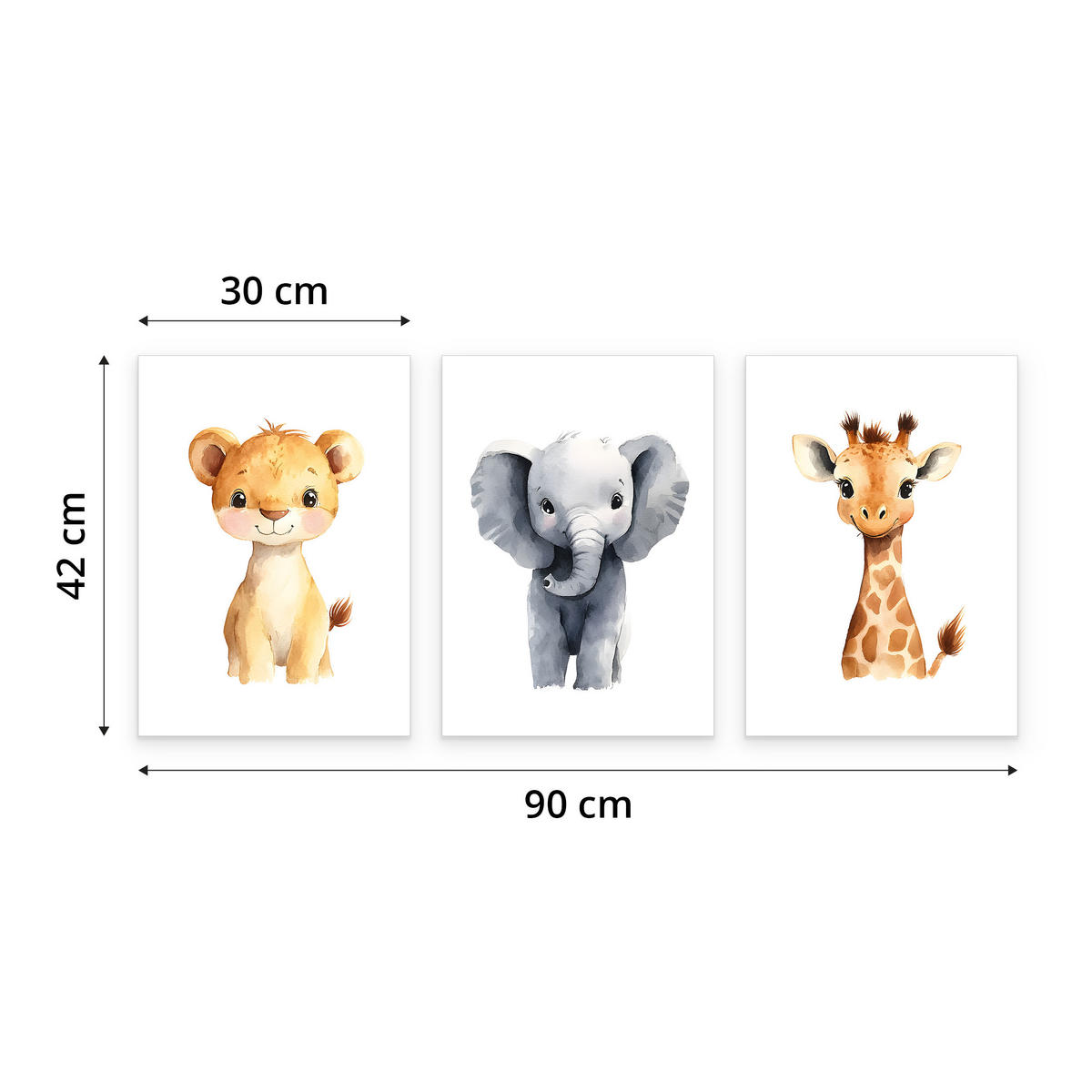 SADA PLAGÁTOV Do Detskej Izby DIVOKÉ ZVIERATÁ Lev Slon Žirafa 3x Plagát A3 30 x 42 cm - oranžová/žltá, papier (30/42/1cm) - Muralo