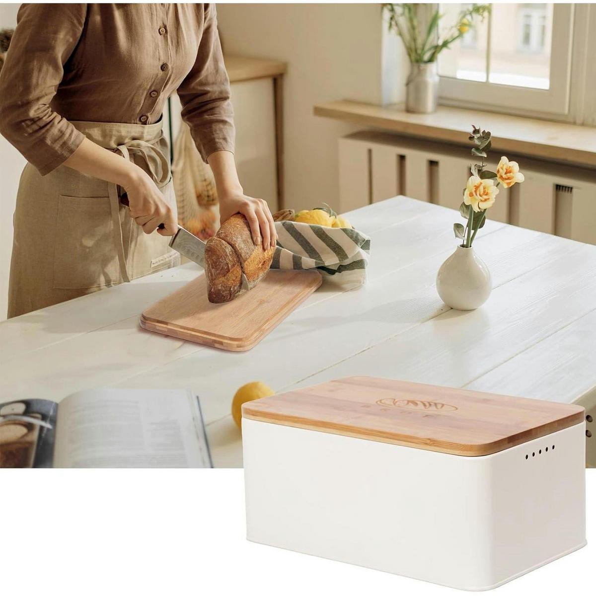 BROTKASTEN mit Schneidebrett und Brotbeutel Beige 33x21x15cm - Creme, Naturmaterialien (21/15/33cm)