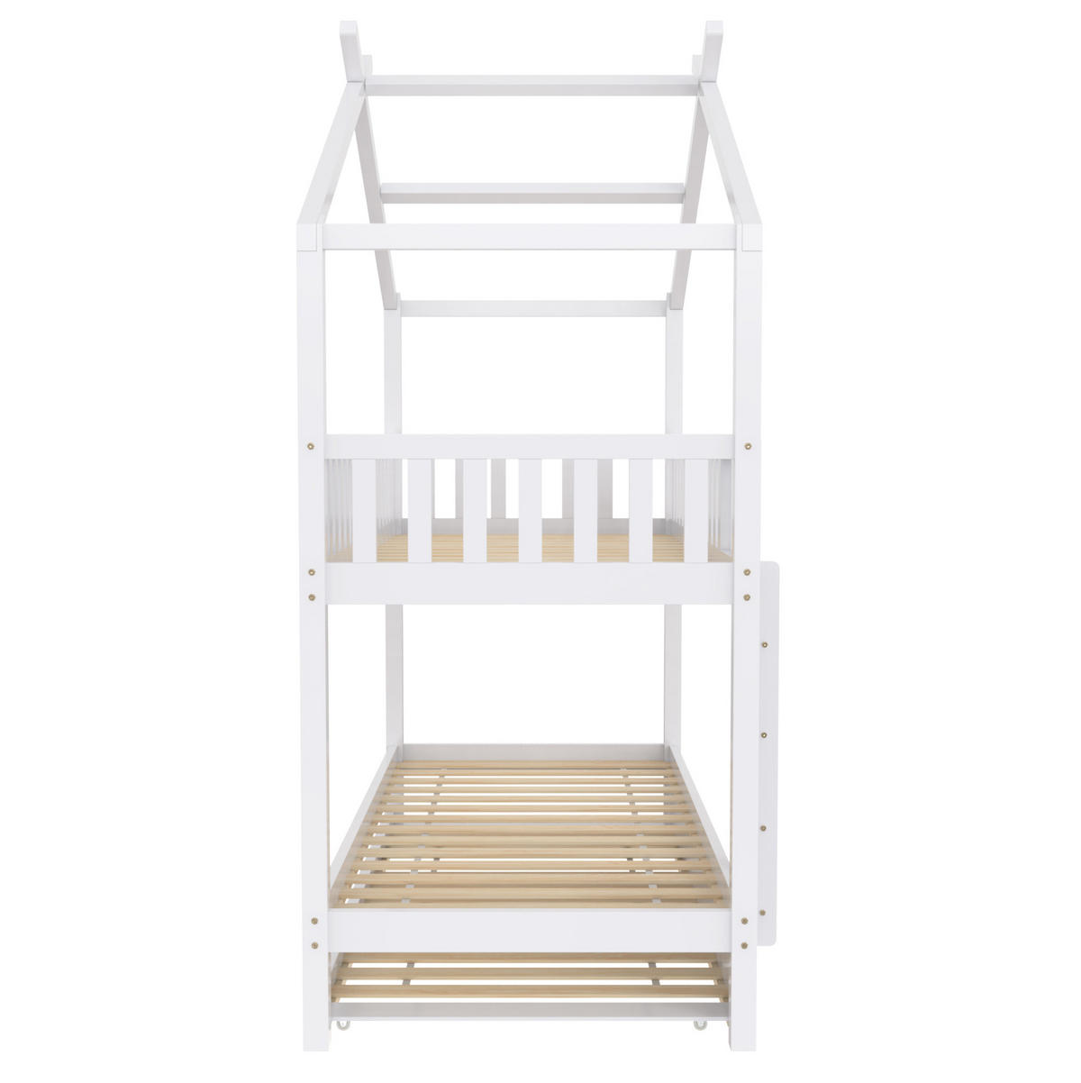 POSTELJA v obliki hiše 90/200 cm bela z izvlečnim ležiščem in ograjico iz masivnega borovega lesa - bela, les (90/200cm) - OKWISH