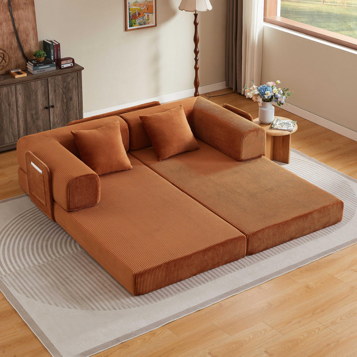SCHLAFSOFA DE-34938 Tatami-Bodensofa mit 2 Kissen Terrakotta - Terracotta, Textil (204/65/97cm) - ComfortXL