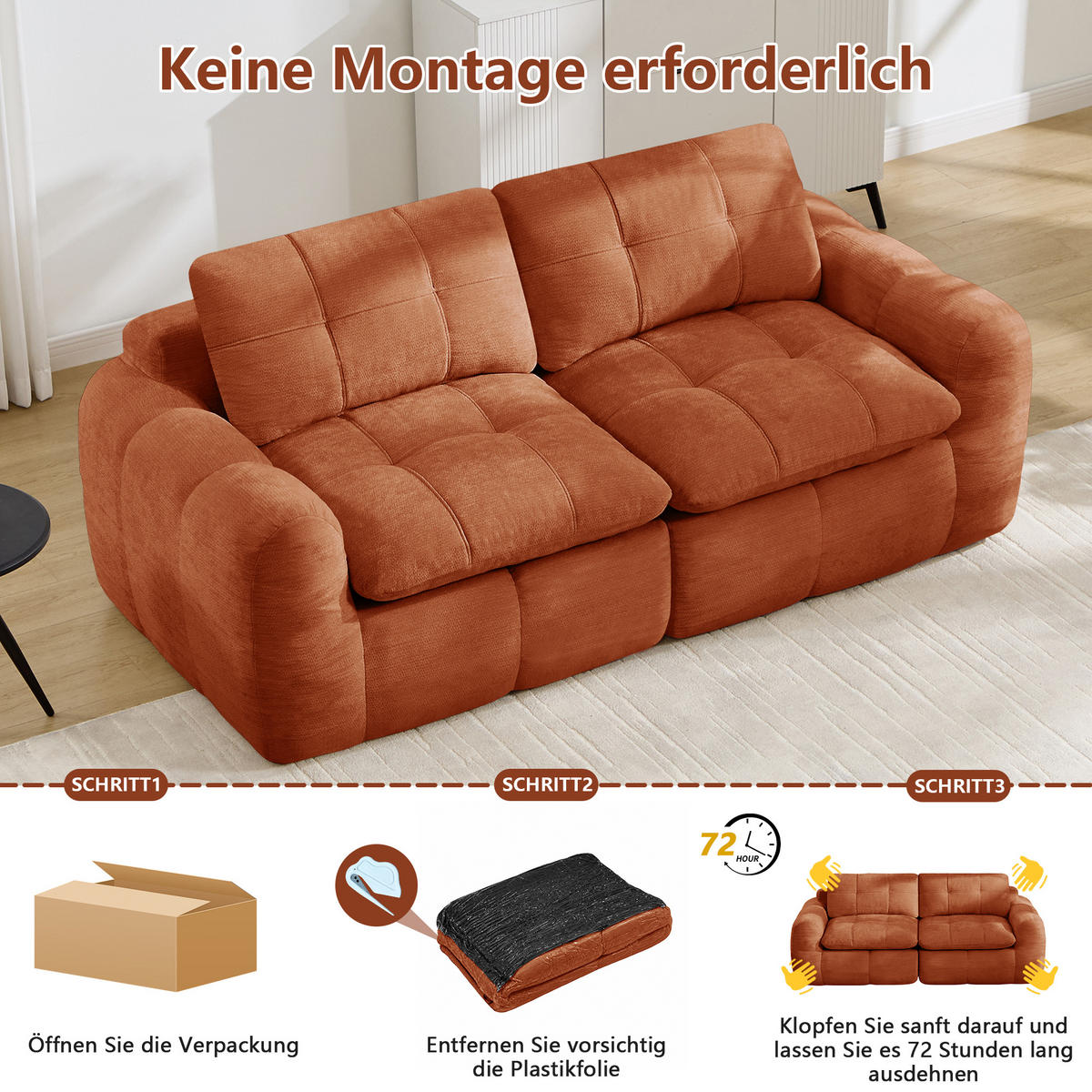 2-SITZER-SOFA, minimalistisch, Chenille-Orange - Orange, Textil (97/68/194cm) - KOMHTOM
