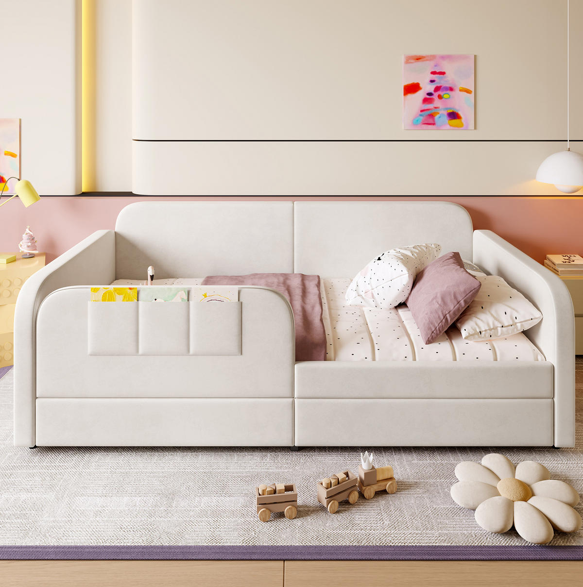 DETSKÁ posteľ zo zamatu 90x200 cm biela s 2 zásuvkami, 3 vreckami a možnosťou pripojenia k posteli - biela, textil (90/200cm) - Modfu