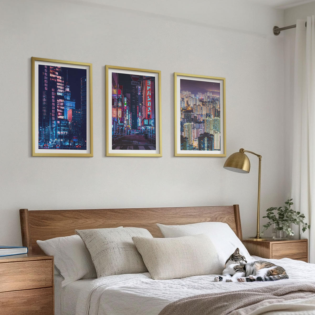 WANDBILDER 3er Set - 40x60 cm Goldrahmen - Neonlichter der nächtlichen Stadt - Goldfarben, Kunststoff (40/60cm) - ArtPrintCave