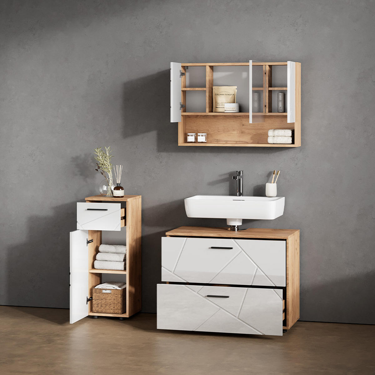 BADMÖBEL-SET Ronco Weiß Hochglanz/Goldkraft Eiche 3 Teile, mit Schubladenschrank und Midischrank - Weiß Hochglanz/Eiche Wotan, Holzwerkstoff (80/58/41cm) - Livinity®