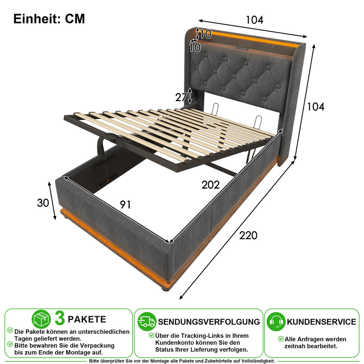 POLSTERBETT 90/200 cm in Grau Leinen mit Bettkasten, LED/USB und Matratze - Grau, Holzwerkstoff/Textil (90/200cm) - CHICFURN
