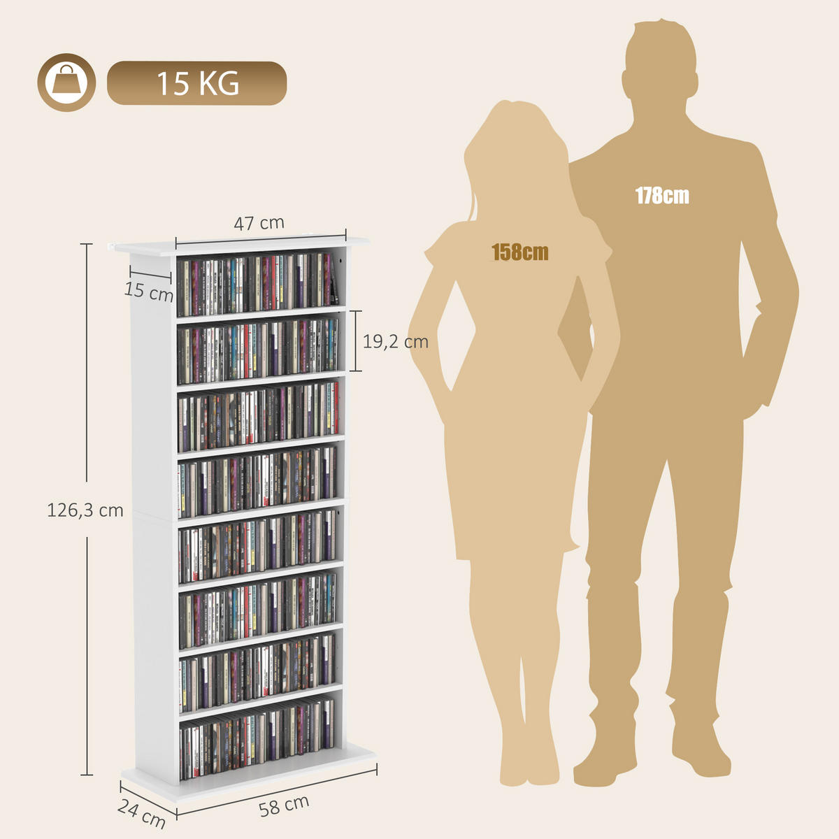 MEDIENSCHRANK Holzspanplatte Weiß - Weiß, Holzwerkstoff (24/126.3/58cm) - HOMCOM