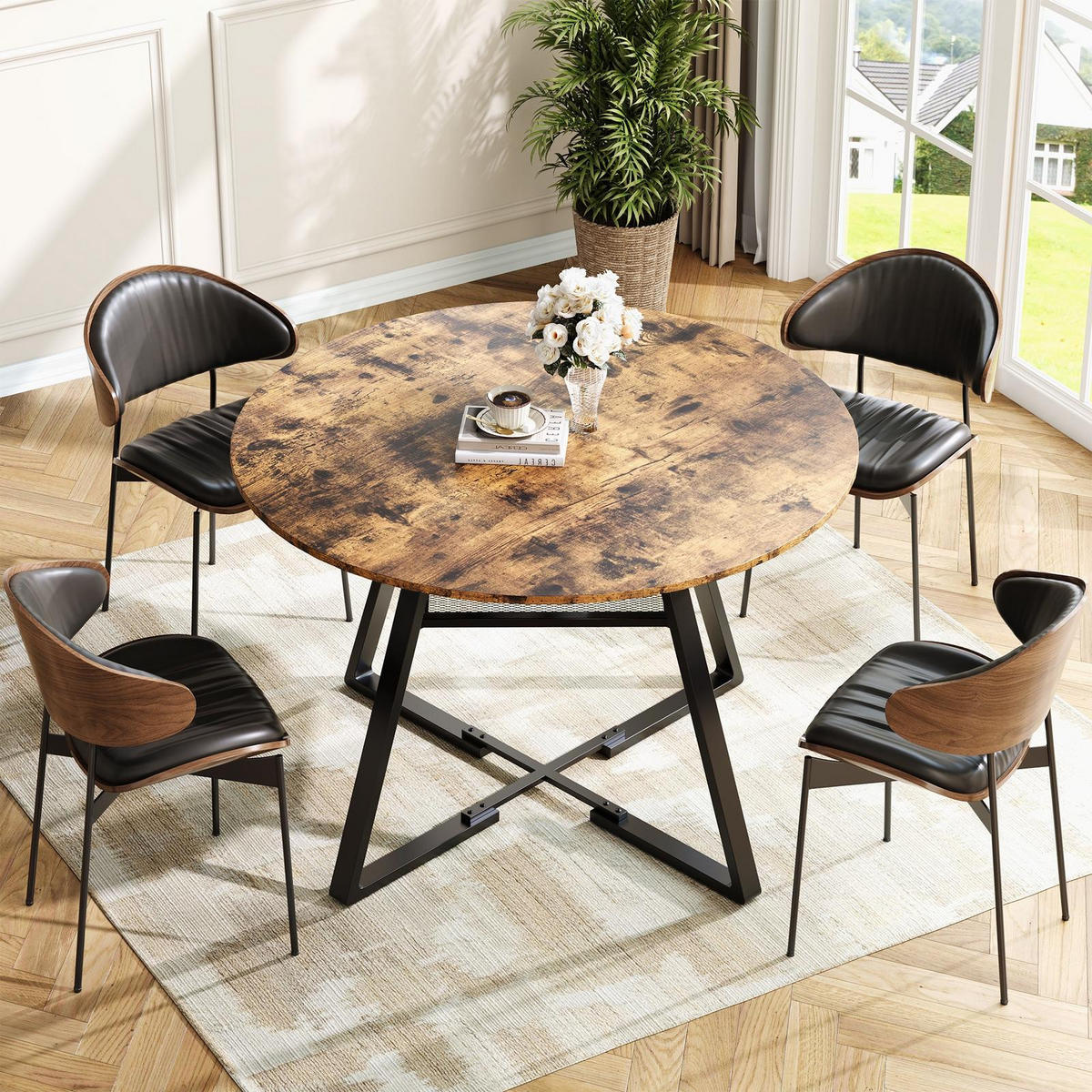 ESSTISCH Rund Ø 120 cm Industrial Design mit Ablagefach, MDF & Metall Schwarz-Braun - Braun, Metall (120/120/75cm) - DELFA