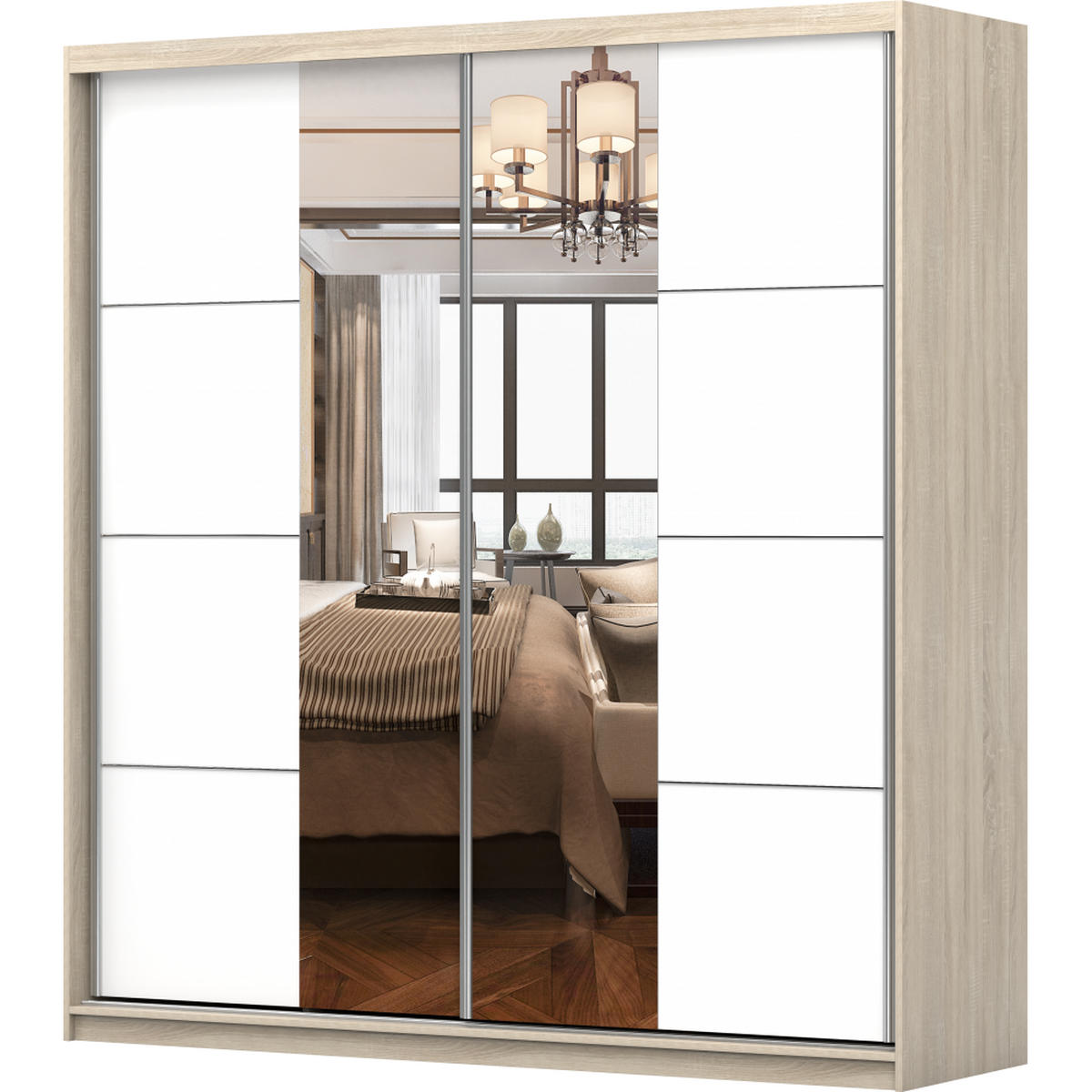 SCHWEBETÜRENSCHRANK 203/218/61/ cm 2-türig Pola 38 Sonoma Eiche/Weiß - Alufarben/Weiß, Glas/Holzwerkstoff (203/218/61cm) - imoebel24