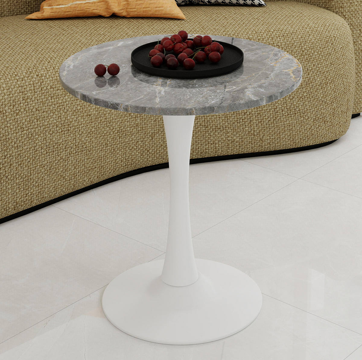 ODKLÁDACÍ stolek z umělého mramoru, průměr 70 cm, starobílá/šedá - bílá, kámen (70/70/72cm) - BEAOK