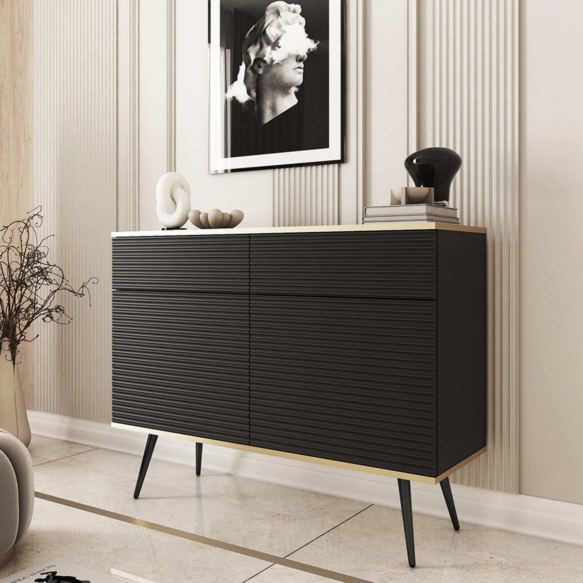 KOMMODE FORNO (Schwarz, Rillenfront, Goldene Details, 2 Türen, 2 Schubladen, schwarze Metallfüße, 107 cm) - Schwarz, Holz/Holzwerkstoff (107/85/39cm) - Ravio
