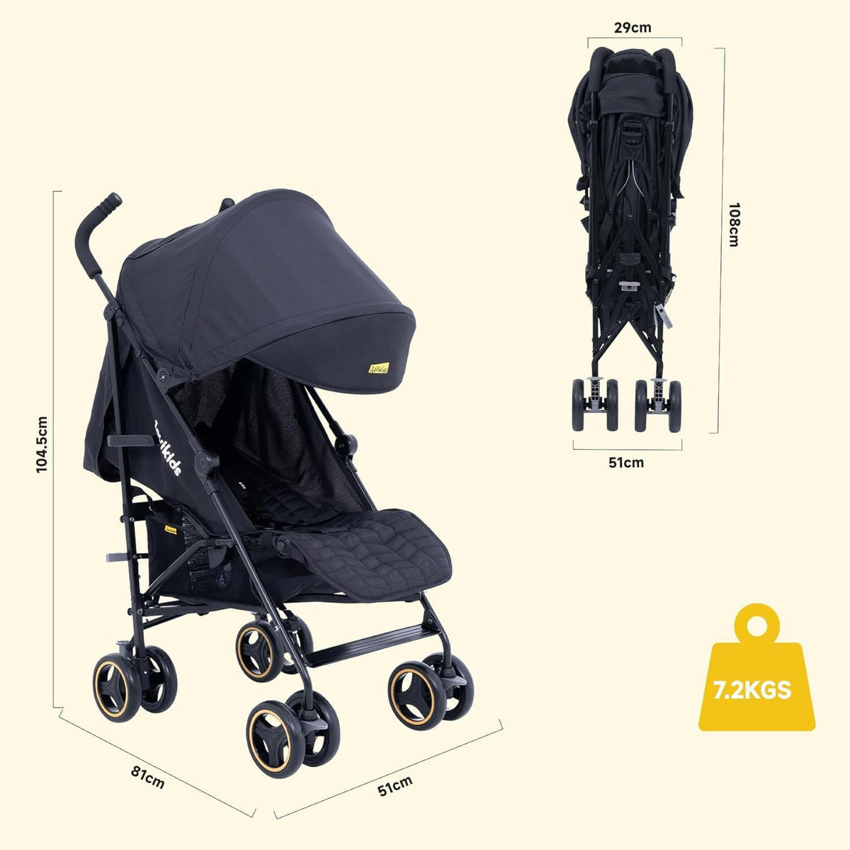BUGGY Kinderwagen Reisebuggy bis 22kg mit Liegefunktion und Verdeck schwarz - Schwarz, Metall (51/81/104.5cm) - Raelunyi