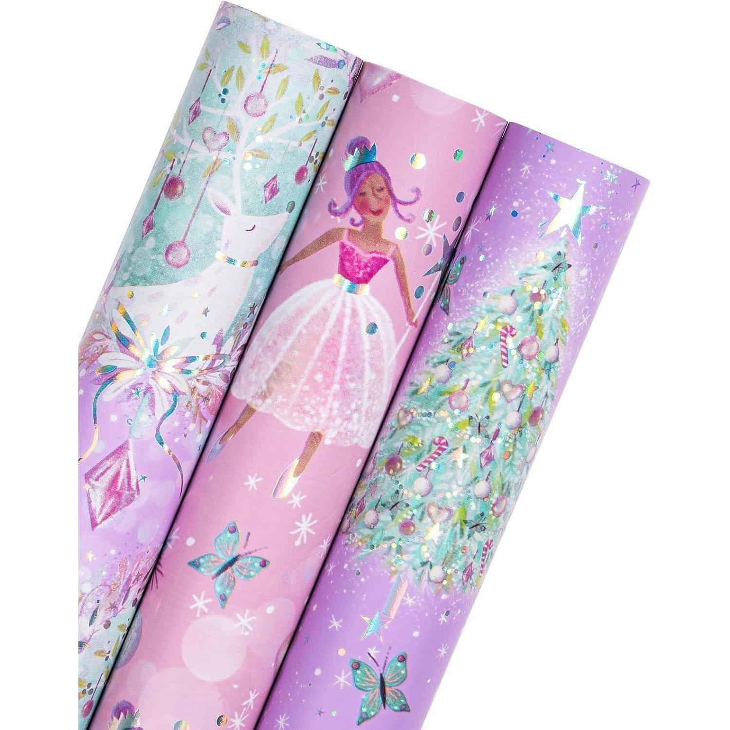GESCHENKPAPIER 3 Rollen 43,2 cm x 3 m Weihnachtsdesign mit Metallic-Folie - Lila, Papier (4/44/10cm)