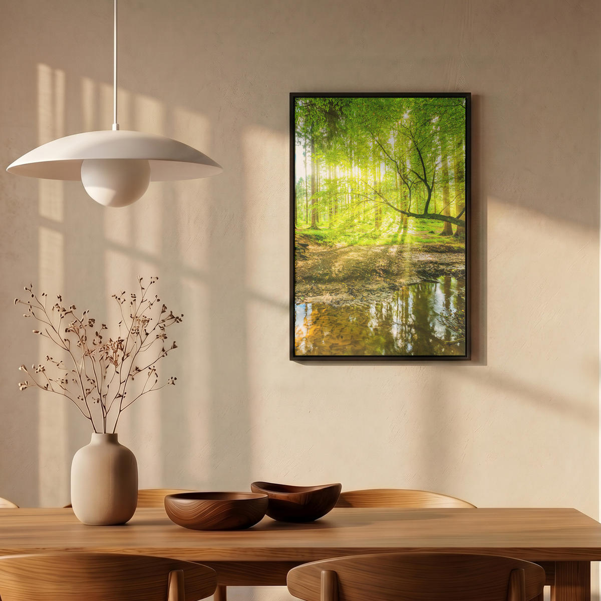 LEINWAND Bilder mit Rahmen - Wald - Landschaft - Wasser - Bäume - Sonne - Grün - Natur - 40x60 - Grün, Textil (40/60cm) - MuchoWow