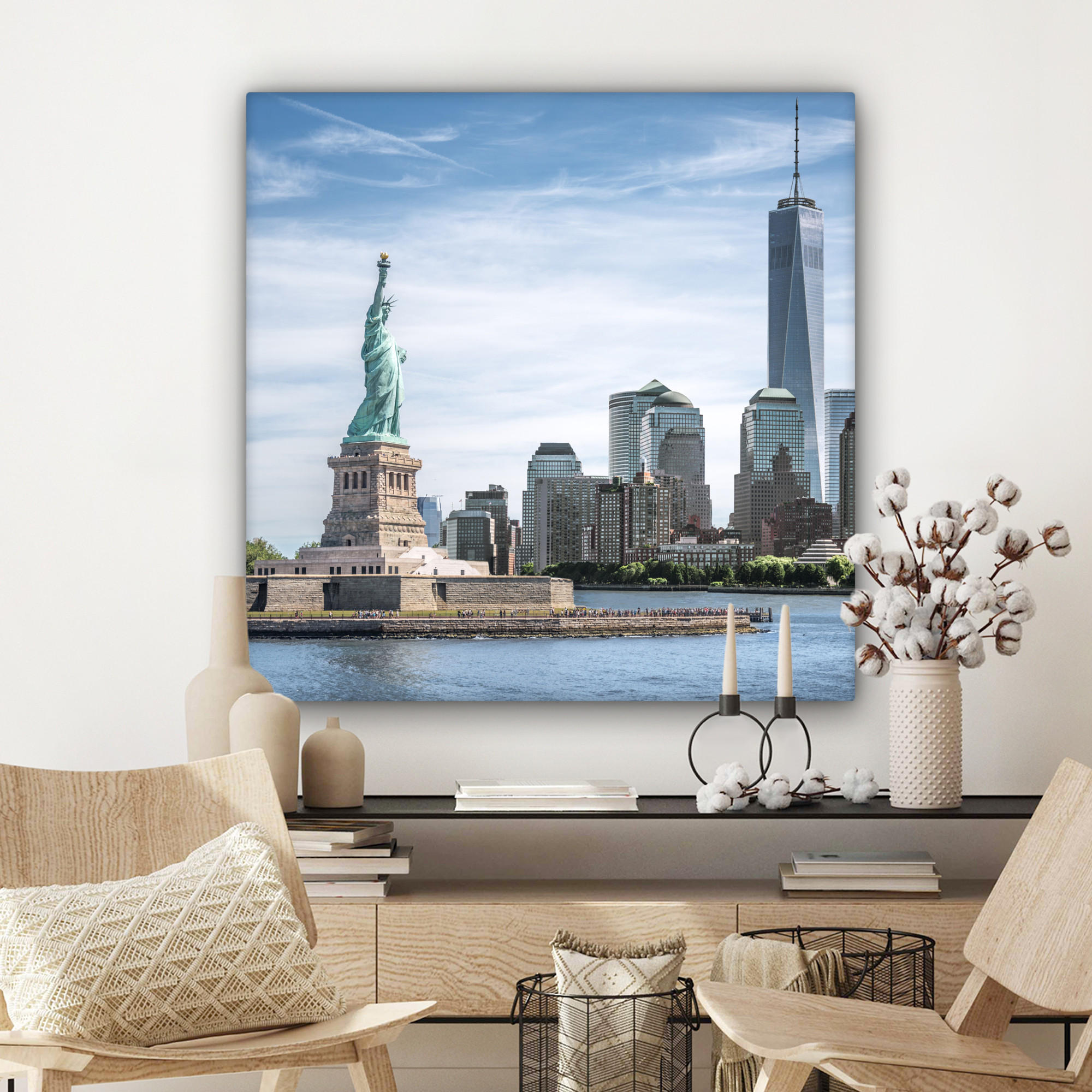 LEINWANDBILD New York - Freiheitsstatue - Wasser 90x90 cm - Hellblau, Textil (90/90cm) - MuchoWow