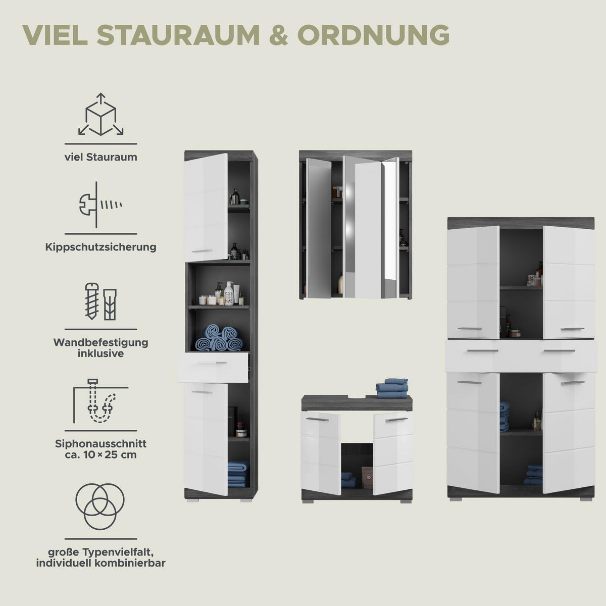 BADKOMBINATION 4tlg. Scout Bad in Rauchsilber Nachbildung und weiß hochglanz B/H/T: 186x191x34 cm - Anthrazit, Holz (186/191/34cm)