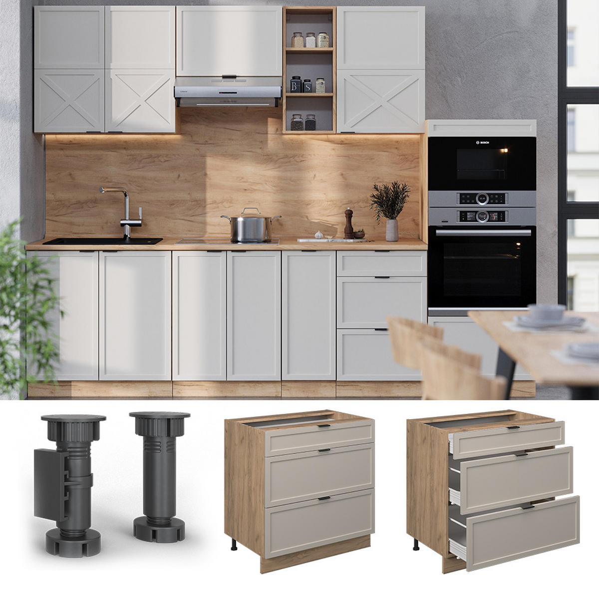 KÜCHENUNTERSCHRANK Fame-Line GrauBeige 80 cm mit 3 Schubladen AP Marmor - Honigeiche/Eiche Wotan, Holzwerkstoff (80/82/60cm) - Vicco