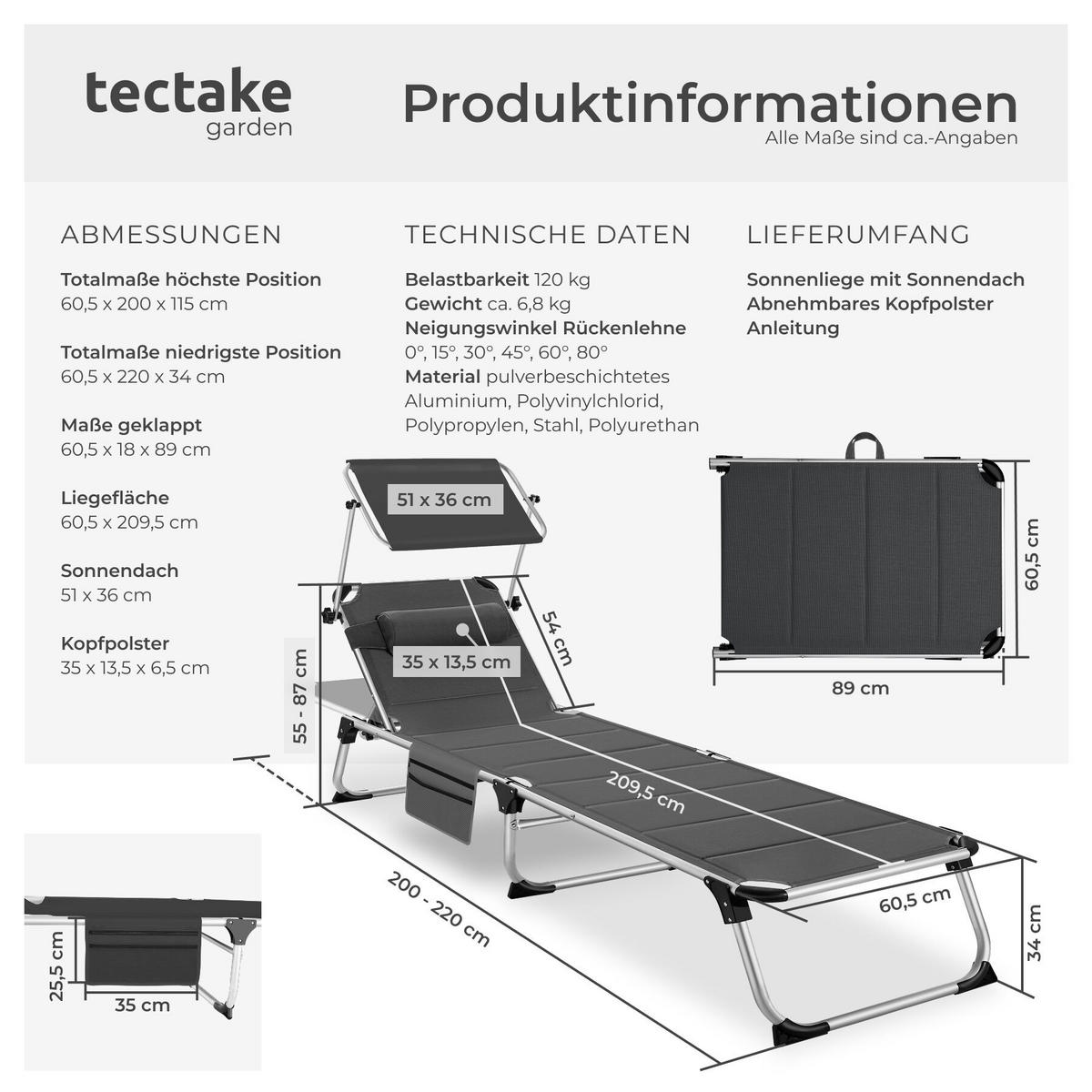 SONNENLIEGE aus Aluminium Lorella, 200 x 60,5 x 34 cm, mit Seitentasche, grau - Dunkelgrau, Kunststoff (60.5/115/200cm) - tectake