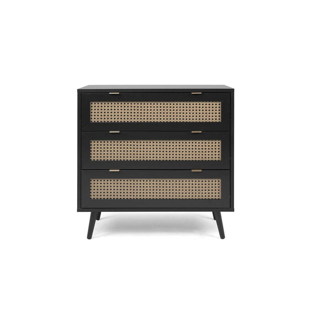 KOMMODE mit 3 Schubladen, schwarzem- und Rohrgeflecht Druck Villa - L80 x H80 x T40 cm - Schwarz, Holzwerkstoff (40/80/16cm) - Calicosy