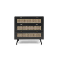 KOMMODE mit 3 Schubladen, schwarzem- und Rohrgeflecht Druck Villa - L80 x H80 x T40 cm - Schwarz, Holzwerkstoff (40/80/16cm) - Calicosy